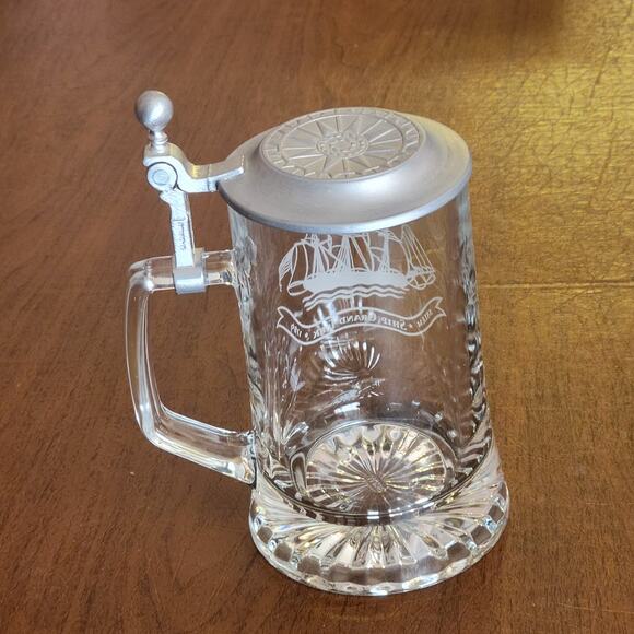 Glass Beer Stein Salem Ship Grand Turk 1786 ALWE W Germany Tankard Pewter Lid - Picture 5 of 14